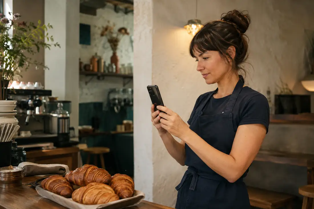 A café owner using her phone beside a counter of fresh pastries