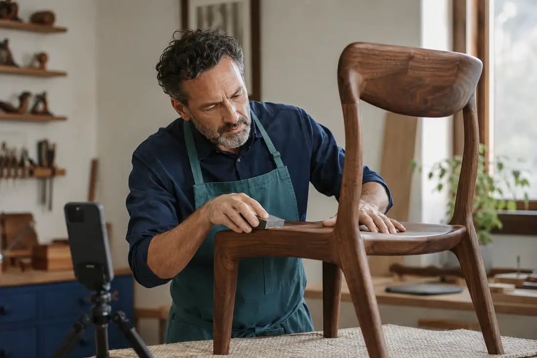 A furniture maker working on a walnut chair with a phone set up nearby